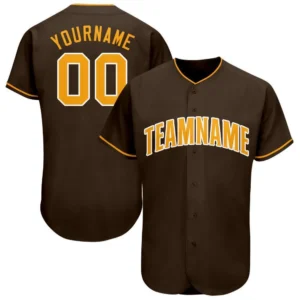 Front view of custom brown gold white baseball jersey with bold 'TEAMNAME' print.