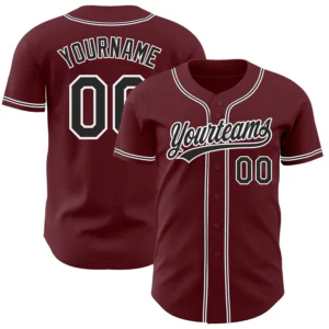 Front view of burgundy black white baseball jersey with team logo and buttons