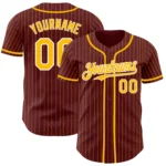 Front view of the burgundy gold pinstripe baseball jersey showcasing team logo and number.