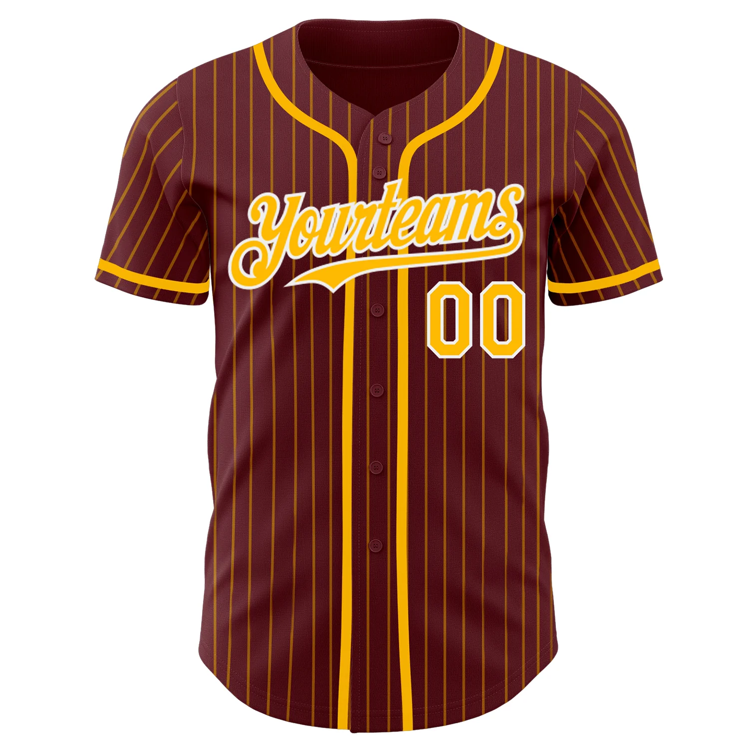 Burgundy Gold Pinstripe Baseball Jersey Back view of the burgundy gold pinstripe baseball jersey displaying player name and number.