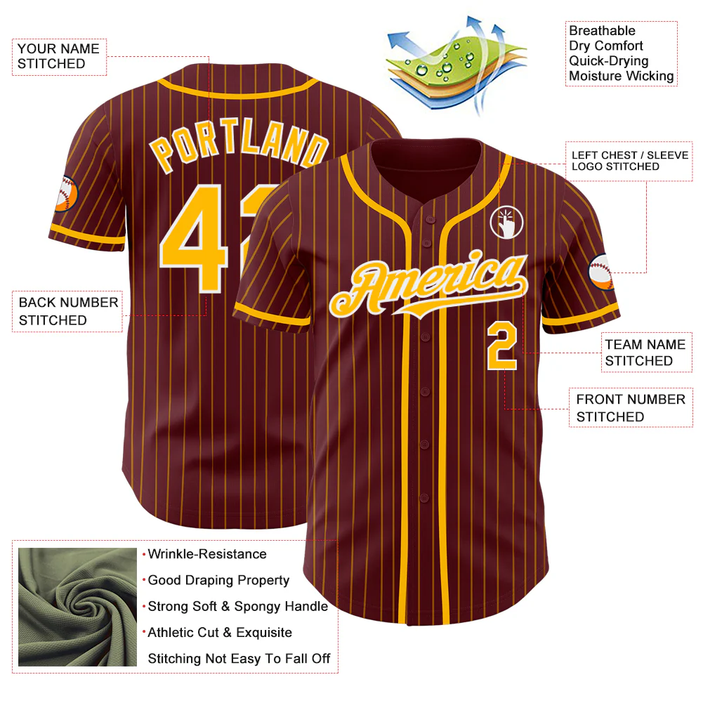 Burgundy Gold Pinstripe Baseball Jersey Close-up detail of the burgundy gold pinstripe baseball jersey highlighting the fabric texture and pinstripe design.