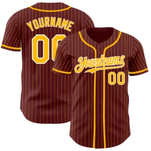 Front view of the burgundy gold pinstripe baseball jersey showcasing team logo and number.