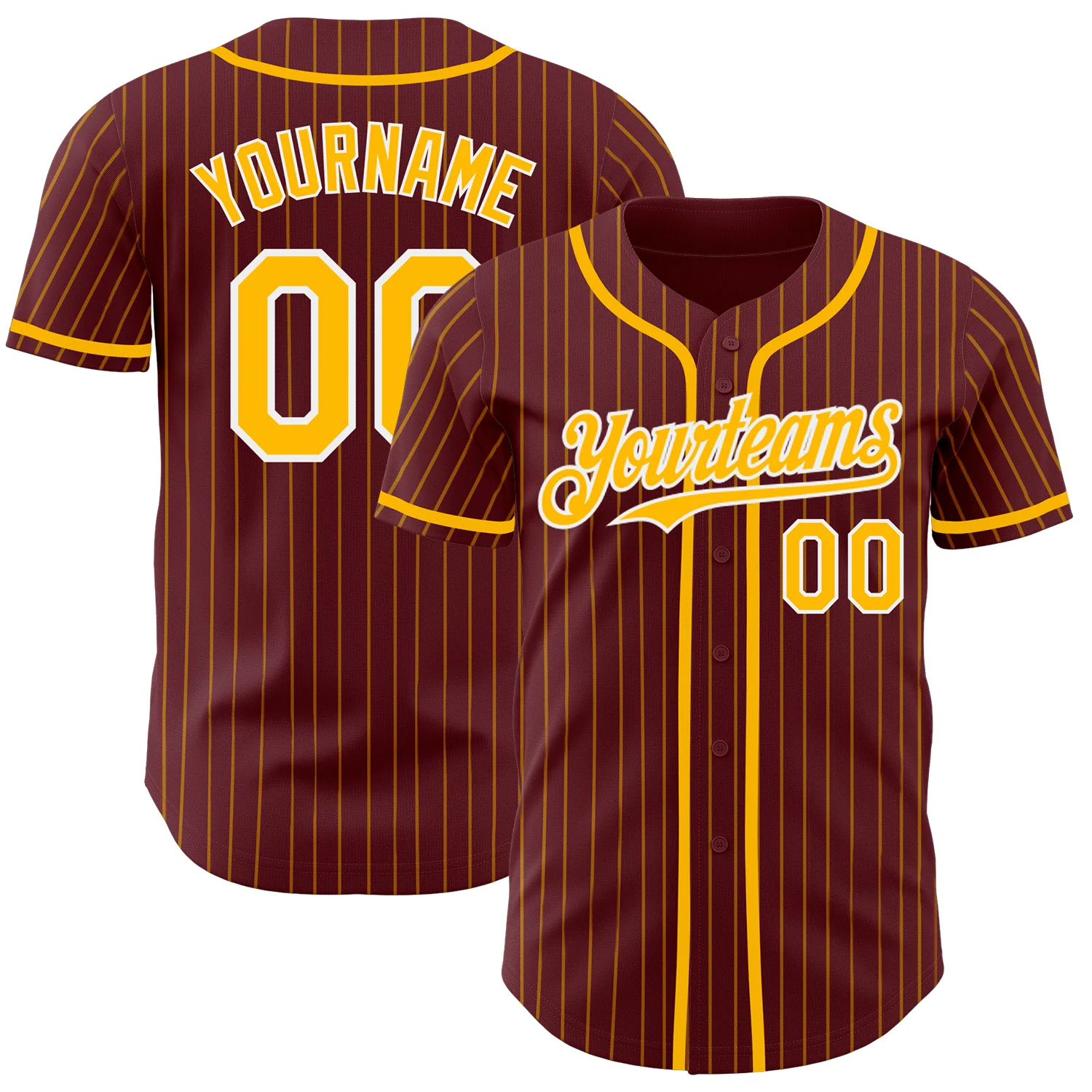Burgundy Gold Pinstripe Baseball Jersey Front view of the burgundy gold pinstripe baseball jersey showcasing team logo and number.