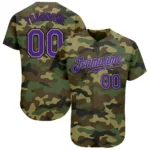 Front view of camo purple black baseball jersey with bold purple lettering and number 00.