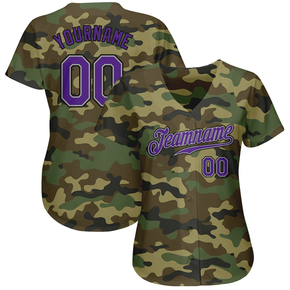 Camo Purple Black Baseball Jersey Back view of camo purple black baseball jersey showcasing personalized name and number 00.