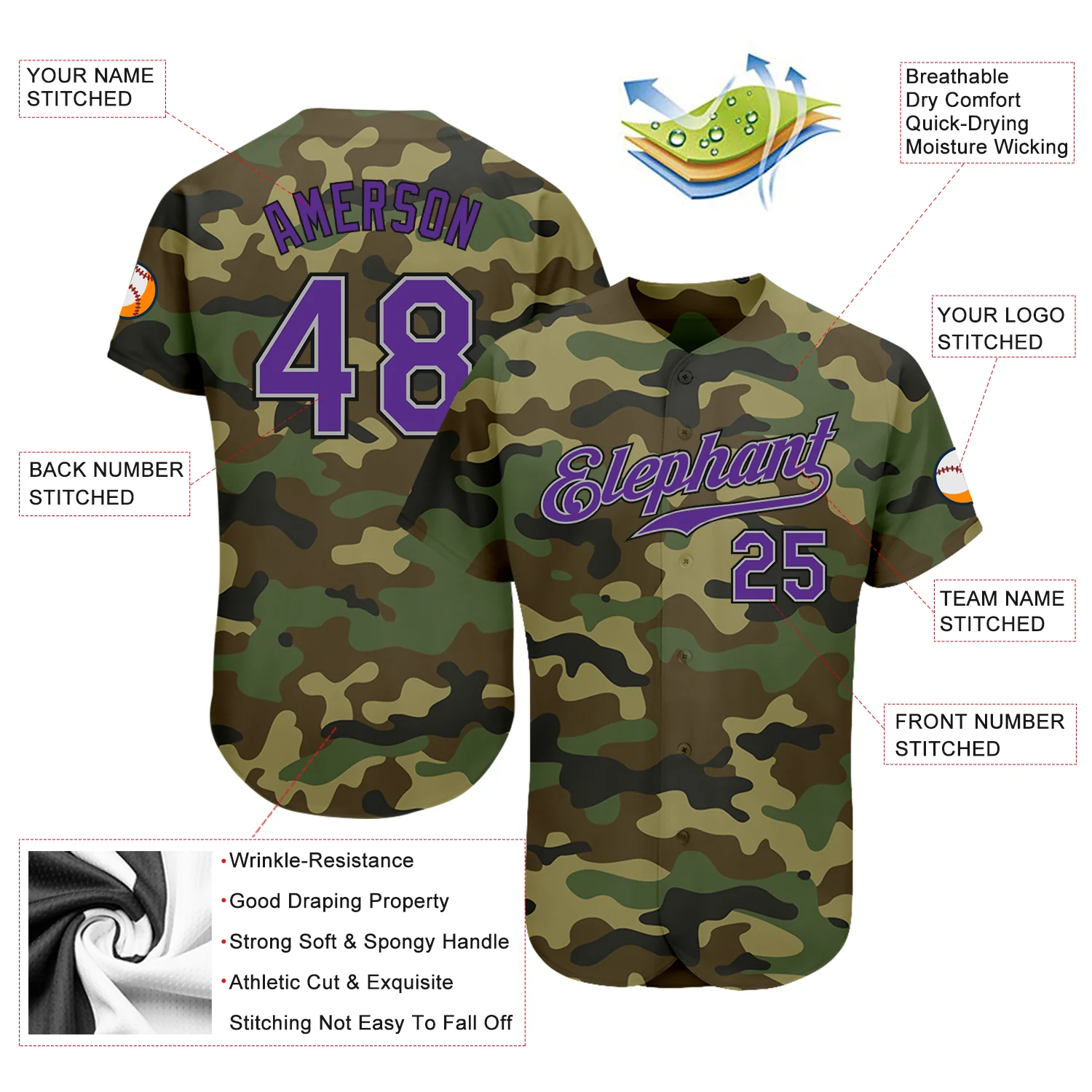 Camo Purple Black Baseball Jersey Close-up of camo purple black baseball jersey's vibrant purple team name and button details.