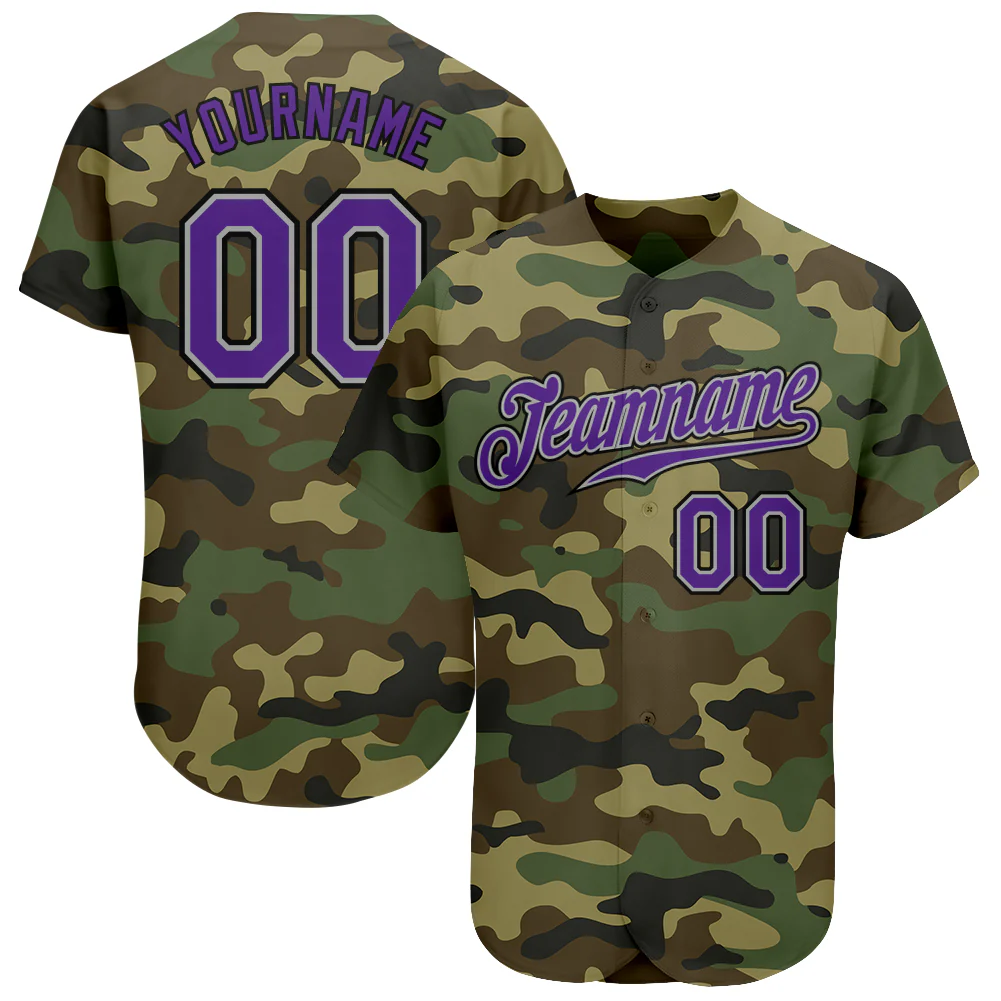 Camo Purple Black Baseball Jersey Front view of camo purple black baseball jersey with bold purple lettering and number 00.