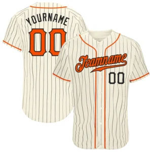 Front view of the cream black pinstripe orange baseball jersey showcasing its vibrant design and buttons.