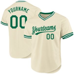 Front view of the cream kelly green white baseball jersey featuring a stylish v-neck design.