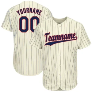 Front view of the custom cream navy pinstripe baseball jersey featuring bold red lettering.