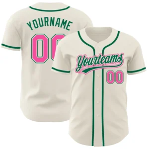 Front view of the cream pink kelly green baseball jersey showcasing vibrant logo and button details.