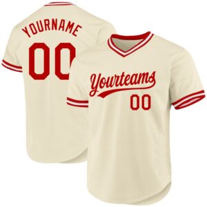 Front view of the cream red white authentic throwback baseball jersey with stylish v-neck and team branding.