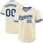 Front view of the cream royal white baseball jersey featuring blue accents and custom name option.