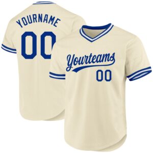Front view of the cream royal white baseball jersey featuring blue accents and custom name option.