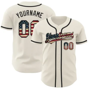 Front view of the cream vintage USA flag baseball jersey showcasing bold team lettering and star-striped design.