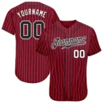 Front view of the crimson white pinstripe baseball jersey showcasing vibrant colors and button details.