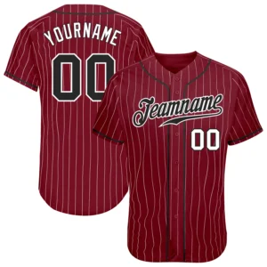 Front view of the crimson white pinstripe baseball jersey showcasing vibrant colors and button details.