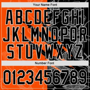 Front view of the graffiti pattern black orange baseball jersey featuring a unique design and team name.