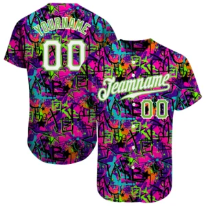 Front view of the graffiti pattern white neon green baseball jersey showcasing vibrant design and custom name.