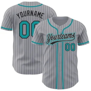 Front view of the custom gray black pinstripe teal baseball jersey showcasing vibrant teal accents.