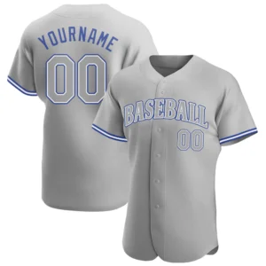 Front view of the custom gray royal baseball jersey showcasing the bold 'BASEBALL' lettering and blue accents.