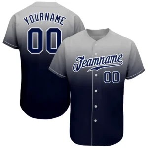Front view of the gray navy white fade baseball jersey featuring logo and buttons.