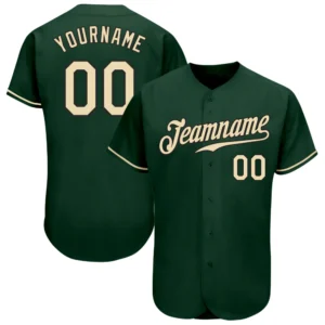 Front view of the green cream black authentic baseball jersey showcasing team name and number.