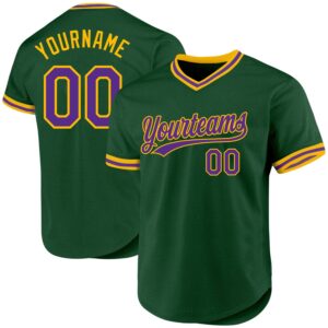 Front view of the green purple gold throwback baseball jersey showcasing vibrant design and team logo.
