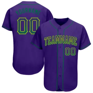 Front view of the custom purple green gold drift fashion baseball jersey with vibrant team graphics.