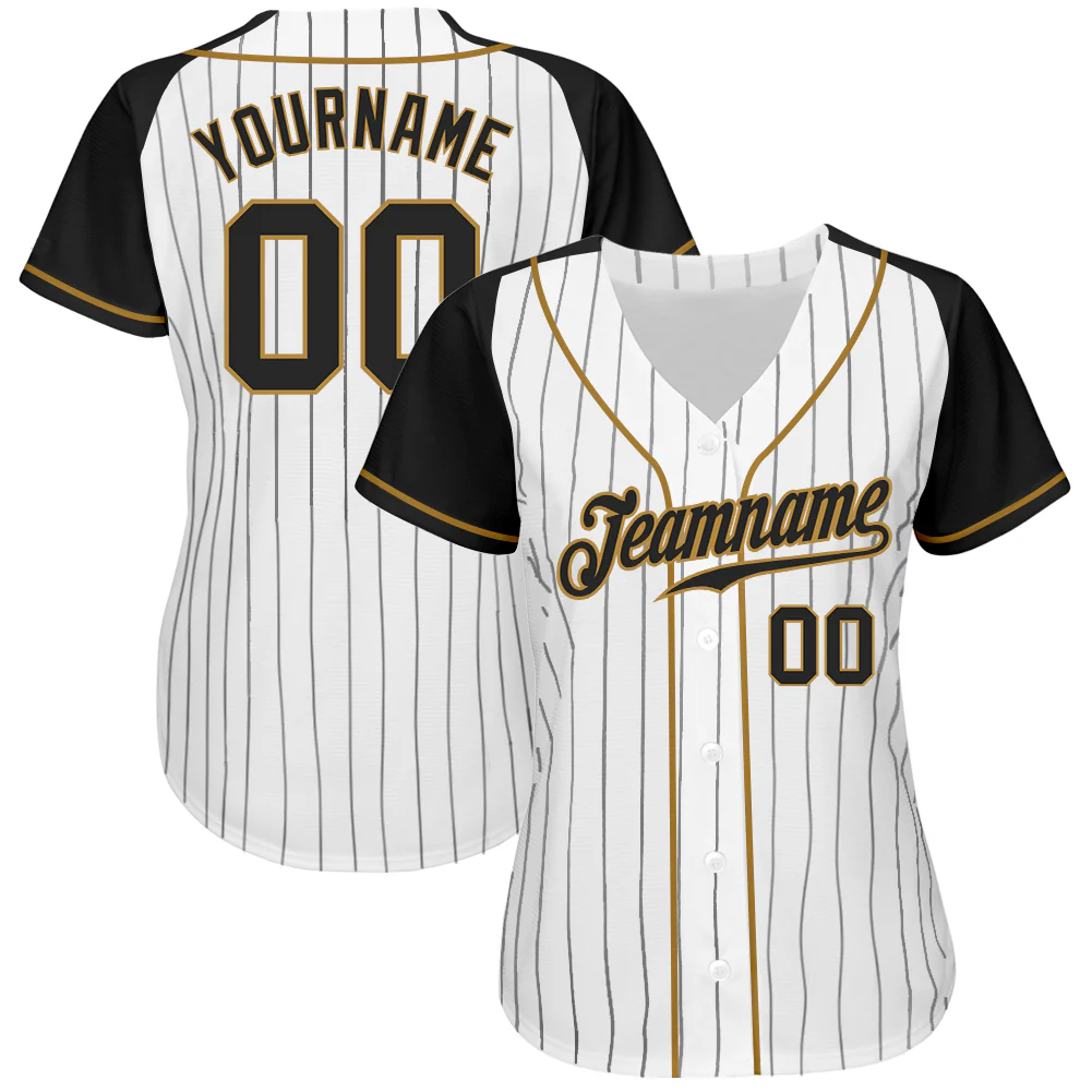 White Black Pinstripe Baseball Jersey Back view of the custom white black pinstripe baseball jersey showcasing the name and number design.