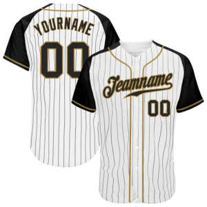 Front view of a white black pinstripe baseball jersey with black raglan sleeves and gold accents.