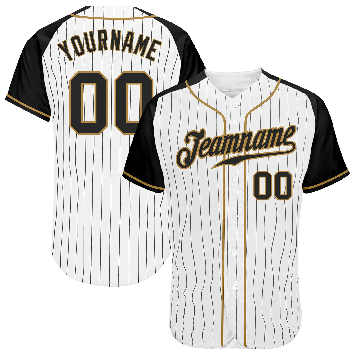 White Black Pinstripe Baseball Jersey Front view of a white black pinstripe baseball jersey with black raglan sleeves and gold accents.