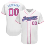 Front view of the white pink light blue baseball jersey showcasing vibrant team logo and name design.