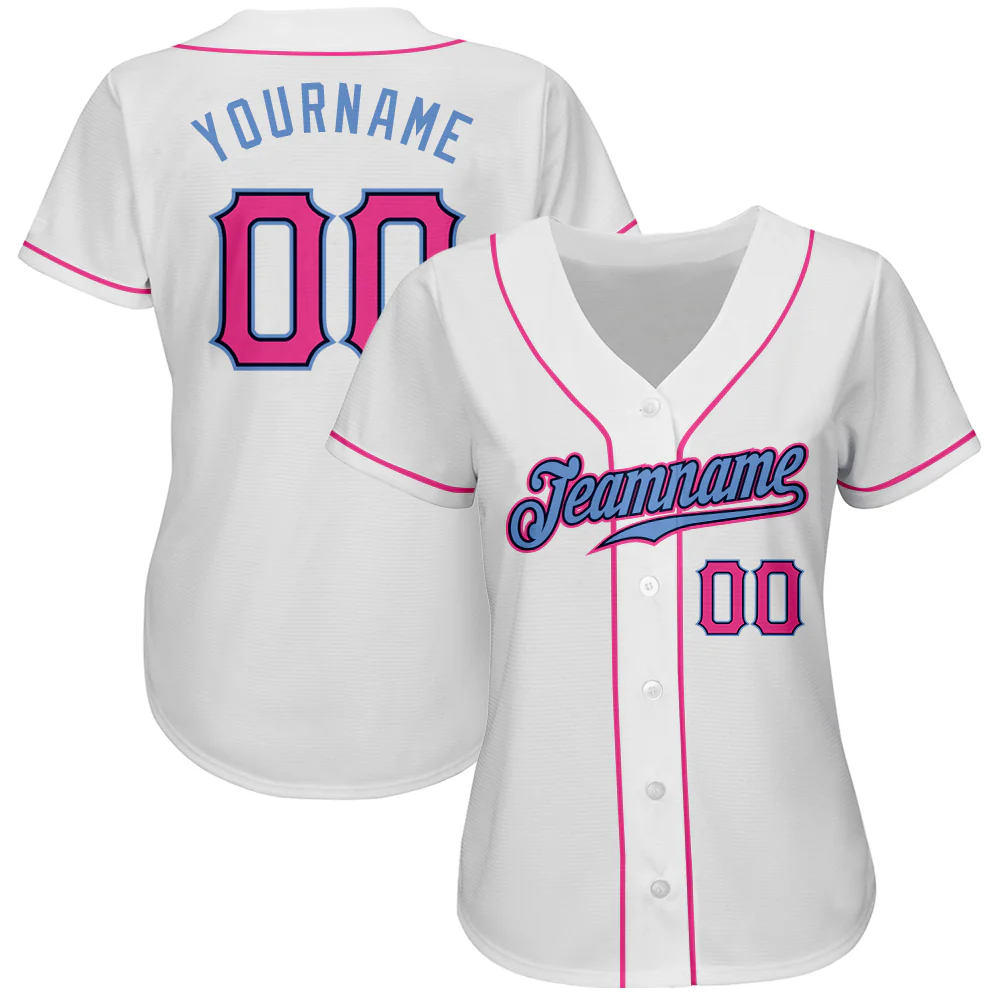 White Pink Light Blue Baseball Jersey Back view of the custom white pink light blue baseball jersey featuring personalized name and number.