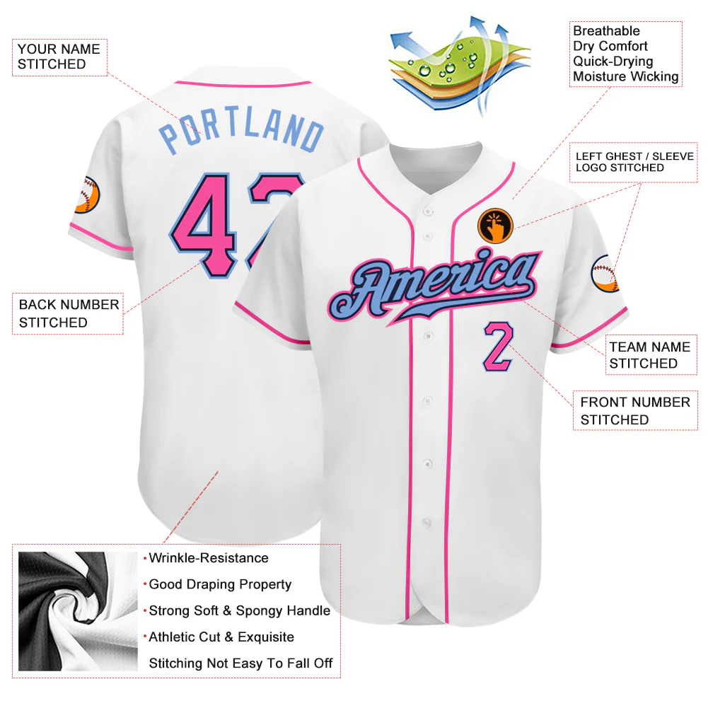 White Pink Light Blue Baseball Jersey Close-up detail of the white pink light blue baseball jersey's stitching and vibrant color accents.