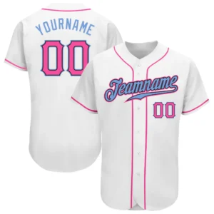Front view of the white pink light blue baseball jersey showcasing vibrant team logo and name design.