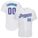 Front view of the custom white purple pinstripe baseball jersey featuring vibrant teal accents.