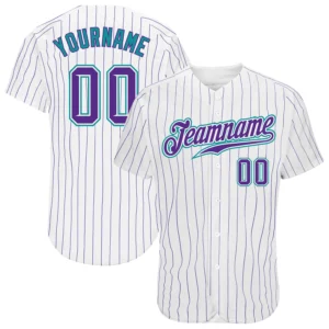 Front view of the custom white purple pinstripe baseball jersey featuring vibrant teal accents.