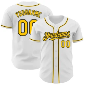 Front view of custom white yellow black baseball jersey showcasing team logo and button details.