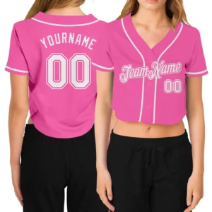 Front view of a pink white v neck cropped baseball jersey featuring a stylish team name design.