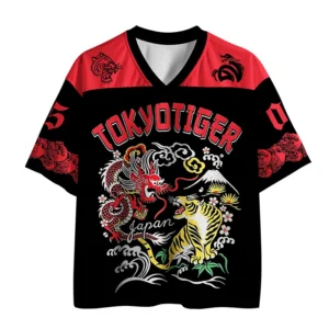 Front view of the Dragon Tiger Tokyo Mesh Jersey featuring vibrant dragon and tiger designs in black and red.