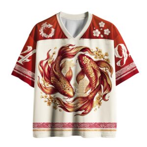 Front view of the Eternal Flow Koi Mesh Jersey showcasing vibrant koi design and red accents.
