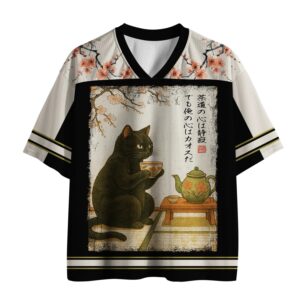 Front view of the funny cat tea time mesh jersey showcasing a black cat design with floral accents.