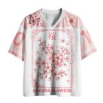 Front view of the sakura flowers mesh jersey, featuring pink and white floral designs and a sporty cut.