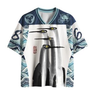Front view of the indigo wave heron jersey featuring vibrant heron prints and a stylish design.