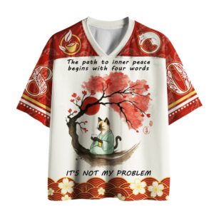 Front view of the inner peace sarcastic cat jersey, featuring a colorful cat design and cherry blossoms.
