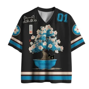 Front view of the Japanese bonsai mesh jersey featuring a vibrant black base and intricate bonsai tree design.