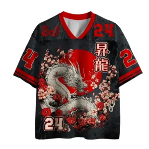 Front view of the Japanese Dragon Sakura Mesh Jersey featuring a black base with vibrant red dragon and floral designs.