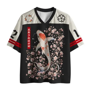Front view of the koi in sakura mesh jersey featuring vibrant koi and cherry blossom designs on a black base.
