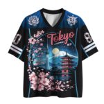 Front view of the lunar tokyo skyline mesh jersey featuring vibrant Tokyo designs and cherry blossoms.